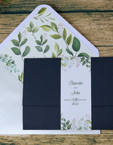 A5 Sized Blue Invitation with a floral band & matching Envelope liner