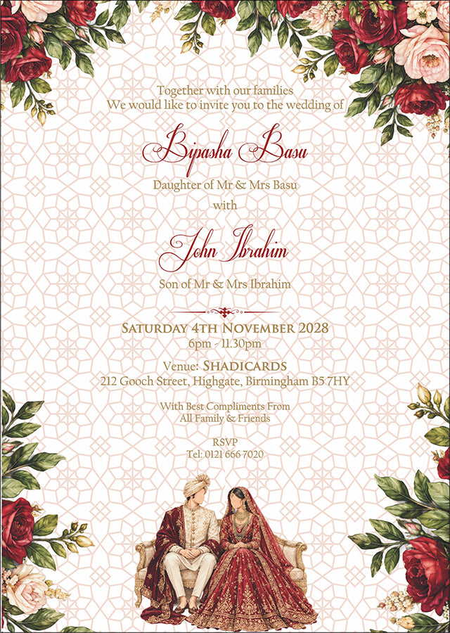 ABC 1303 Floral A5 Invitation with Bride & groom Caricature