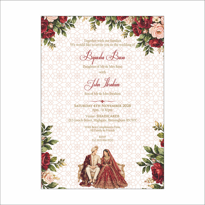 ABC 1303 Floral A5 Invitation with Bride & groom Caricature