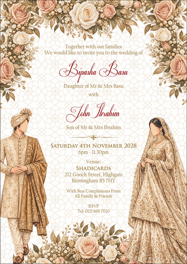 ABC 1304 Floral A5 Invitation with Bride & groom Caricature