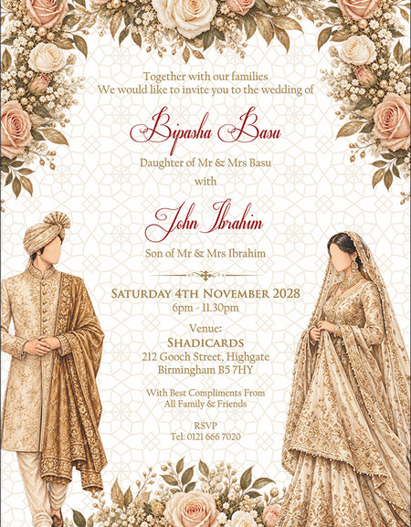ABC 1304 Floral A5 Invitation with Bride & groom Caricature