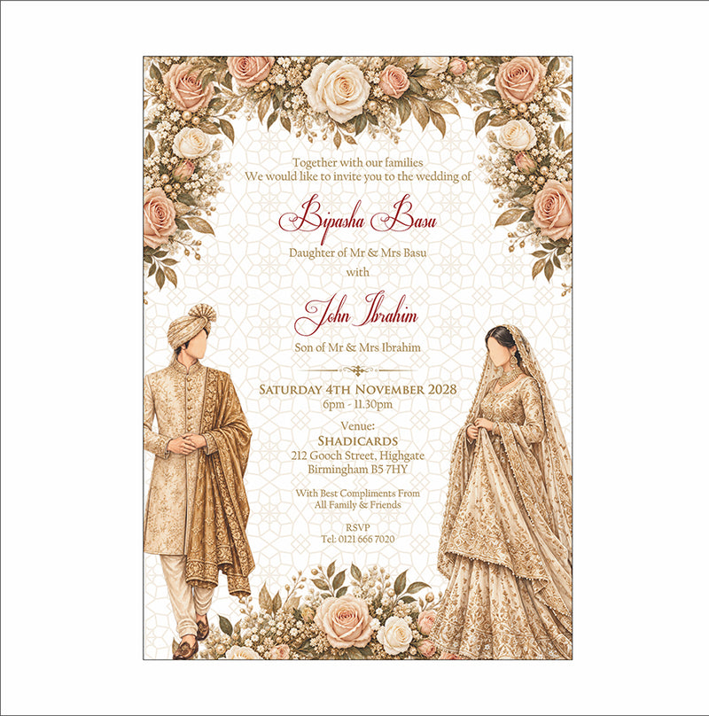 ABC 1304 Floral A5 Invitation with Bride & groom Caricature