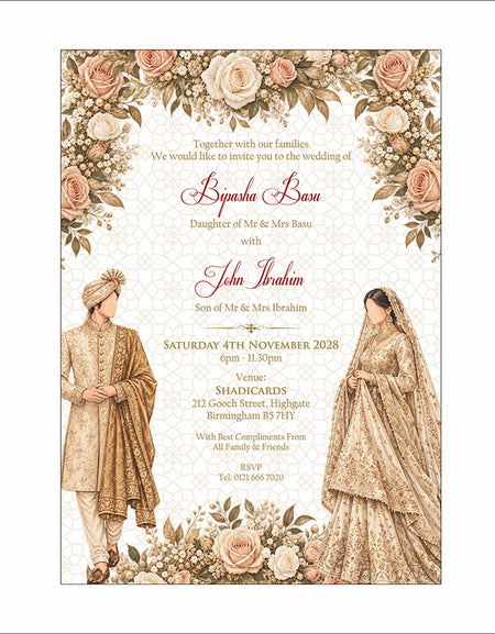 ABC 1304 Floral A5 Invitation with Bride & groom Caricature