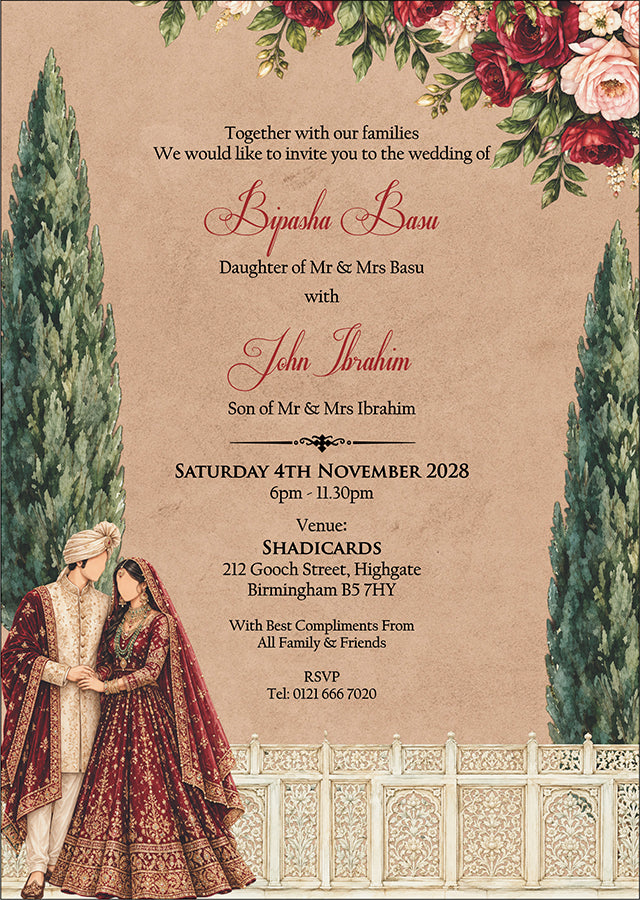 ABC 1305 Floral A5 Invitation with Bride & groom Caricature