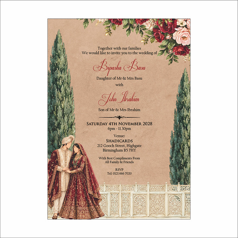 ABC 1305 Floral A5 Invitation with Bride & groom Caricature
