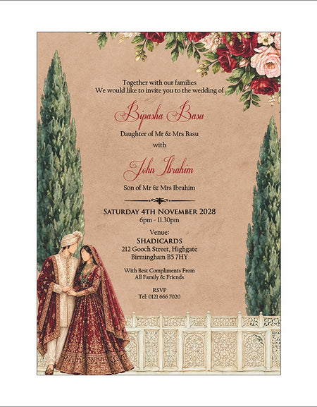 ABC 1305 Floral A5 Invitation with Bride & groom Caricature