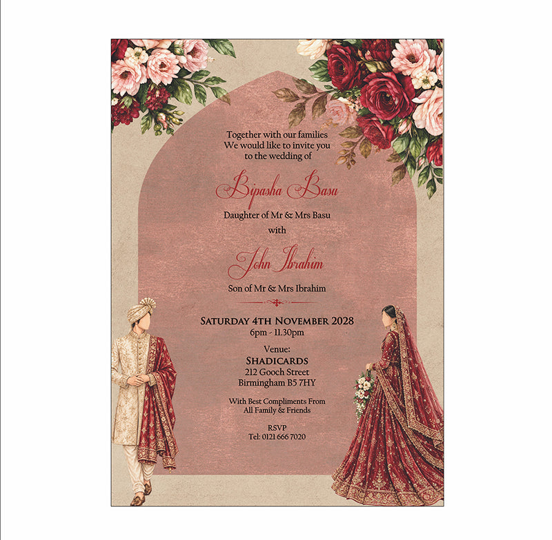 ABC 1306 Floral A5 Invitation with Bride & groom Caricature