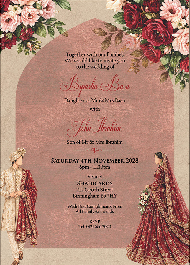 ABC 1306 Floral A5 Invitation with Bride & groom Caricature