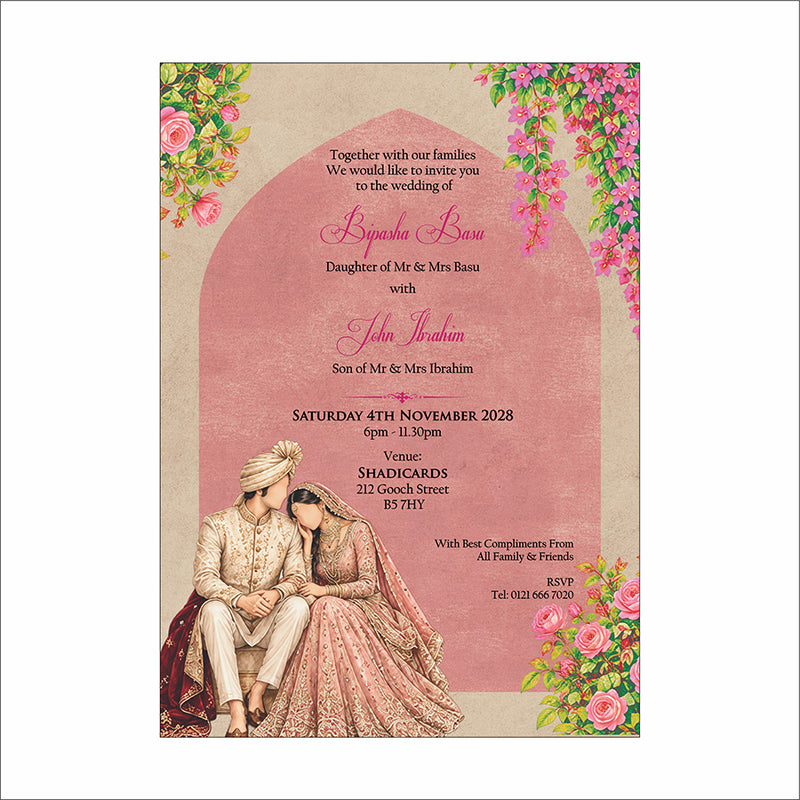 ABC 1307 Floral A5 Invitation with Bride & groom Caricature