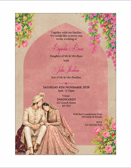 ABC 1307 Floral A5 Invitation with Bride & groom Caricature