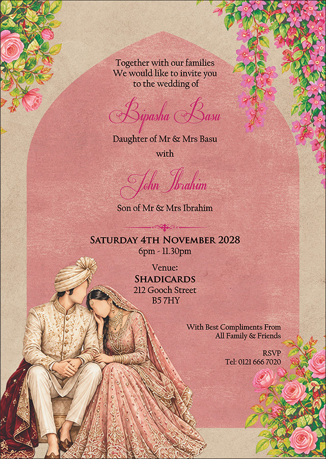 ABC 1307 Floral A5 Invitation with Bride & groom Caricature