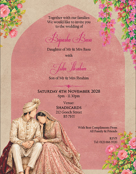 ABC 1307 Floral A5 Invitation with Bride & groom Caricature
