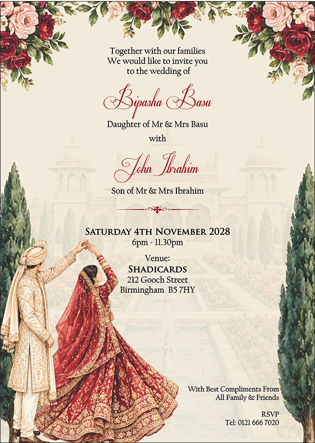 ABC 1308 Floral A5 Invitation with Bride & groom Caricature