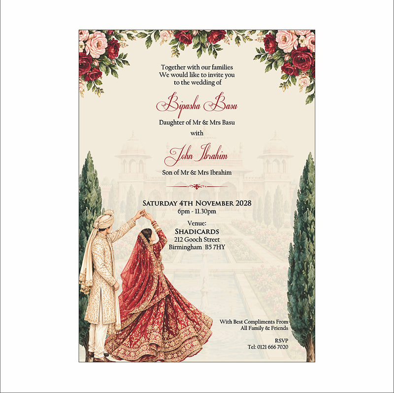 ABC 1308 Floral A5 Invitation with Bride & groom Caricature