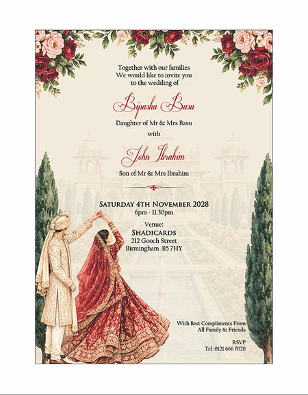 ABC 1308 Floral A5 Invitation with Bride & groom Caricature