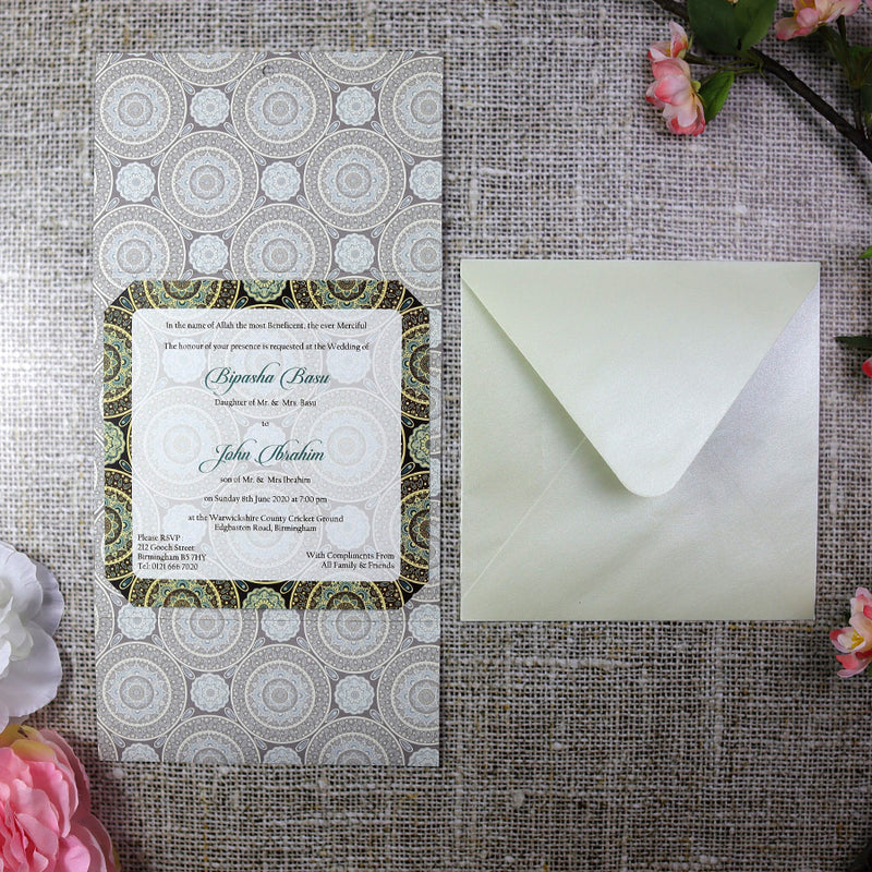 Forest green Moroccan design personalised invitation ABC 373