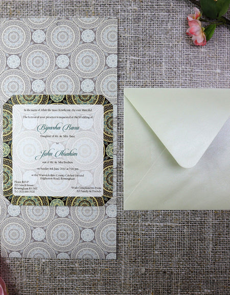 Forest green Moroccan design personalised invitation ABC 373