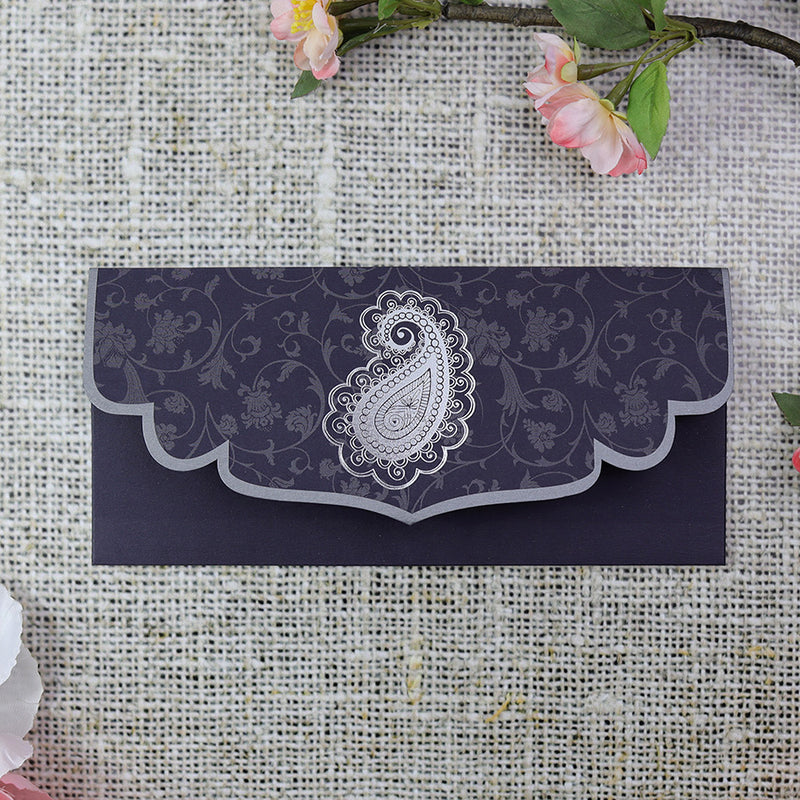 ABC 485 Navy blue card and silver foil Paisley pocket invite