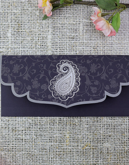 ABC 485 Navy blue card and silver foil Paisley pocket invite