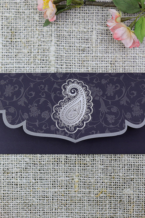 Load image into Gallery viewer, ABC 485 Navy blue card and silver foil Paisley pocket invite
