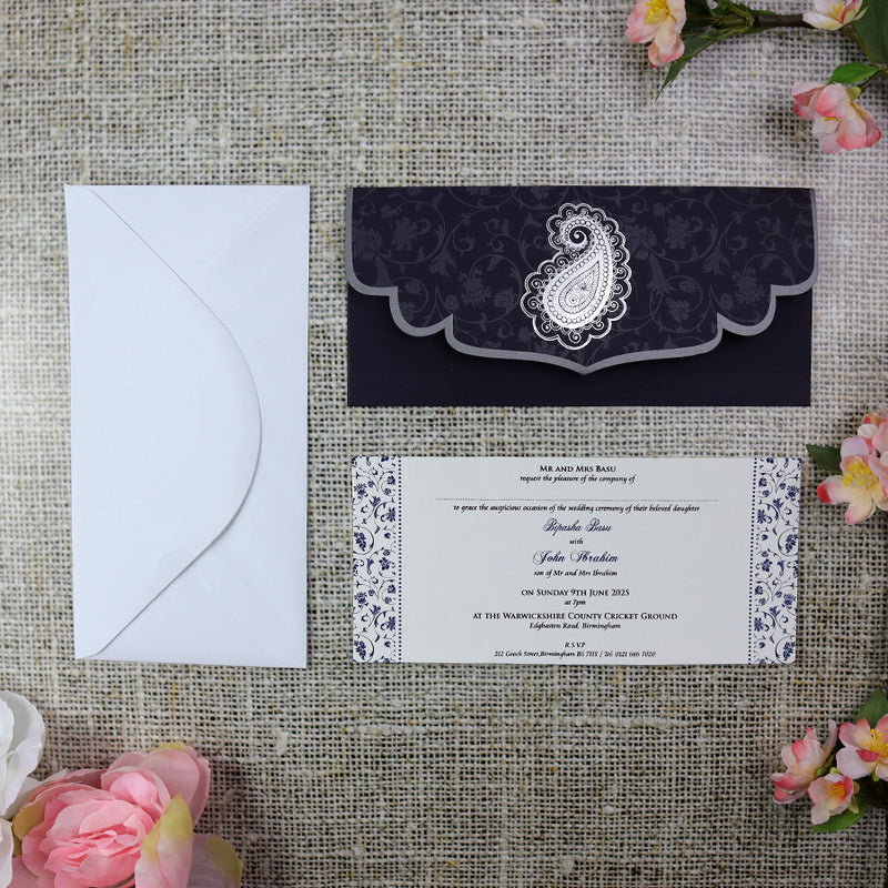 ABC 485 Navy blue card and silver foil Paisley pocket invite