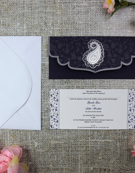 ABC 485 Navy blue card and silver foil Paisley pocket invite