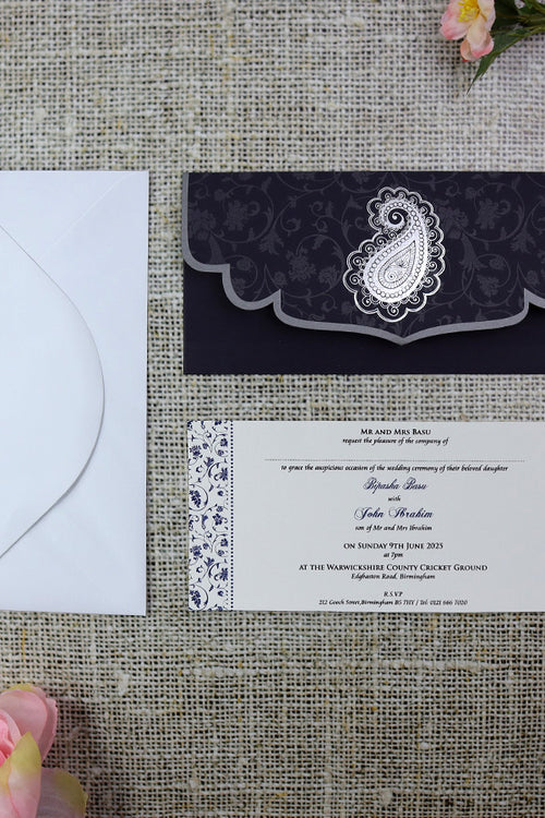 Load image into Gallery viewer, ABC 485 Navy blue card and silver foil Paisley pocket invite
