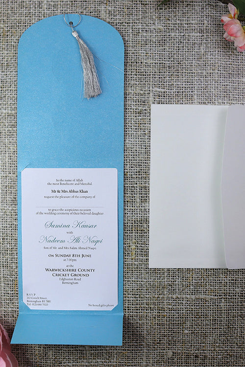 Load image into Gallery viewer, ABC 539 Blue Silver Bismillah Arabic text and Tassel invitation
