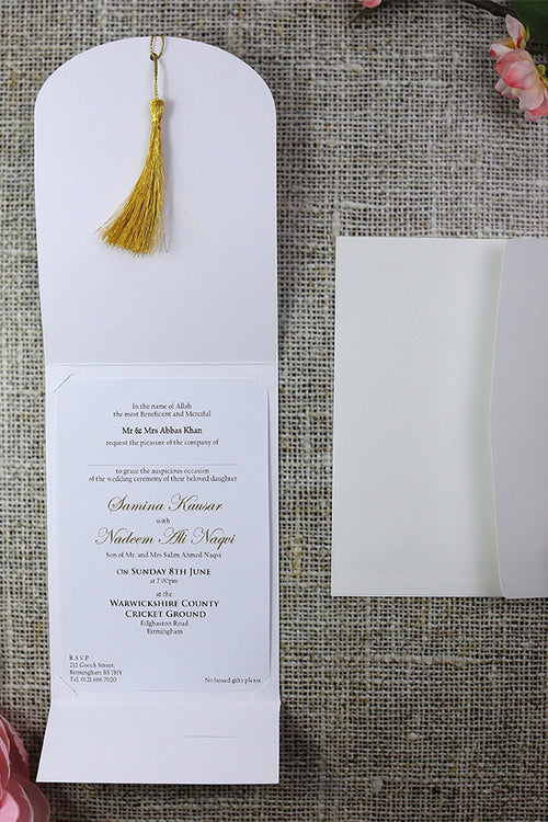 Load image into Gallery viewer, ABC 539 Tree of life simple white Islamic invitation with gold tassle
