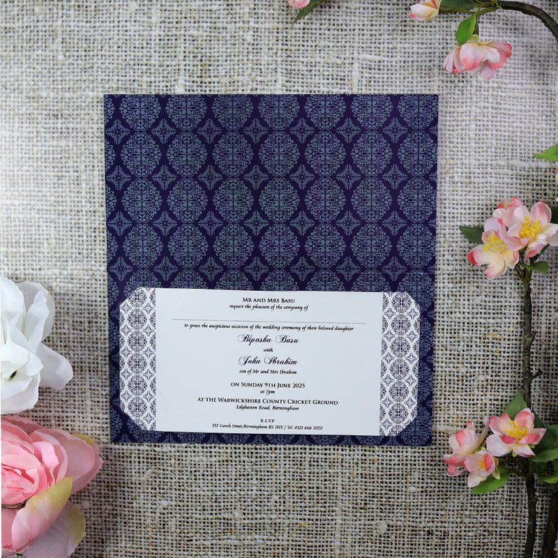 ABC 671 A1 Arabesque design pattern Wedding Invitation in Blue and Silver