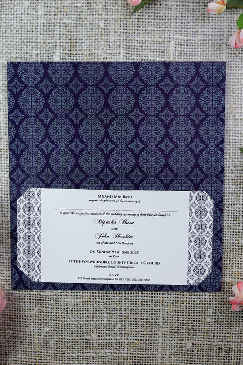 Load image into Gallery viewer, ABC 671 A1 Arabesque design pattern Wedding Invitation in Blue and Silver
