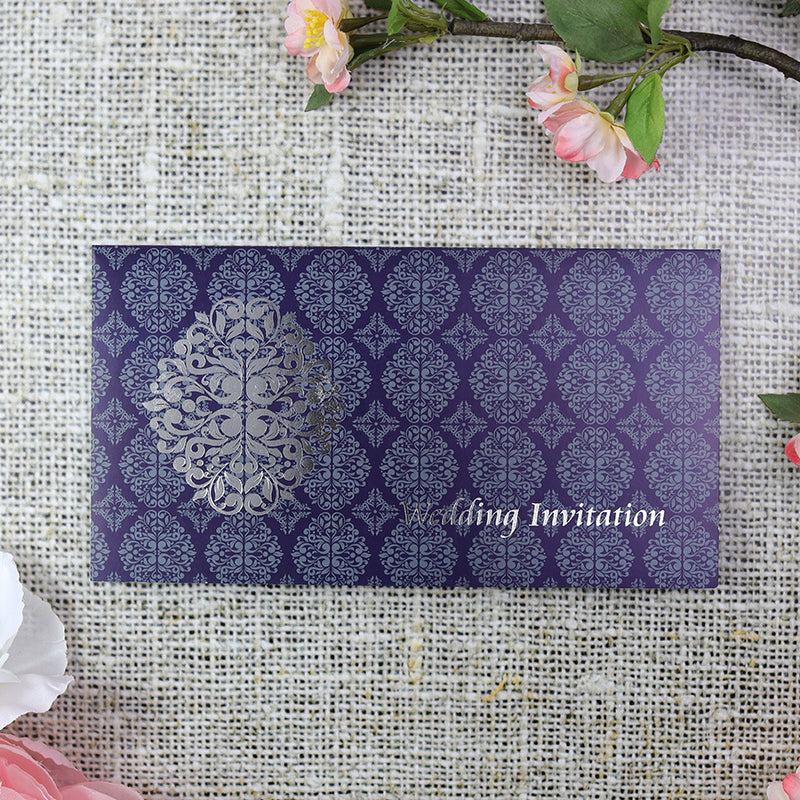 ABC 671 A1 Arabesque design pattern Wedding Invitation in Blue and Silver