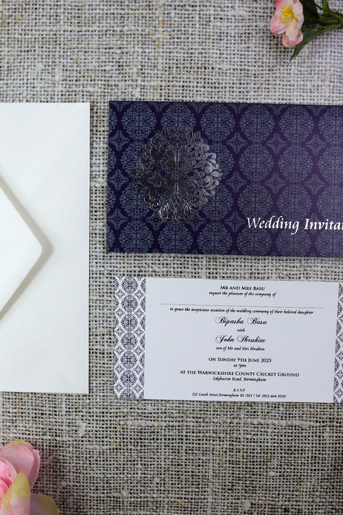 Load image into Gallery viewer, ABC 671 A1 Arabesque design pattern Wedding Invitation in Blue and Silver
