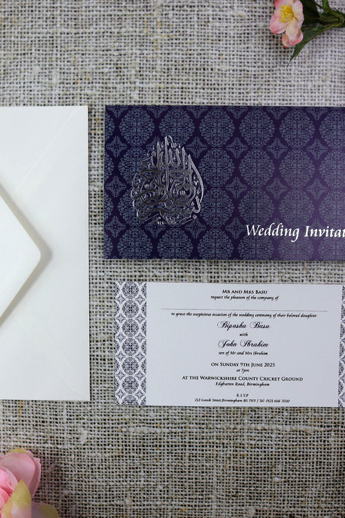 Load image into Gallery viewer, Silver Bismillah Blue Damask Islamic Wedding Invitation ABC 671M A1
