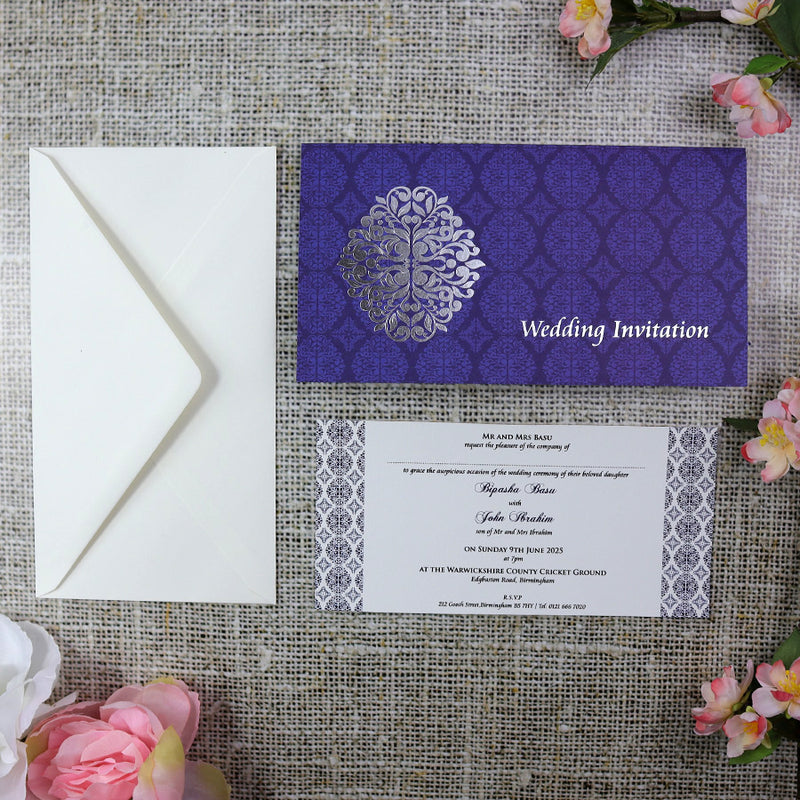 ABC 671 Arabesque design pattern Wedding Invitation in Blue and Silver