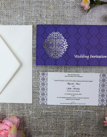 ABC 671 Arabesque design pattern Wedding Invitation in Blue and Silver
