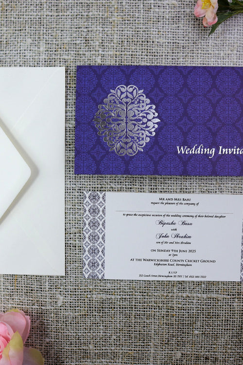 Load image into Gallery viewer, ABC 671 Arabesque design pattern Wedding Invitation in Blue and Silver
