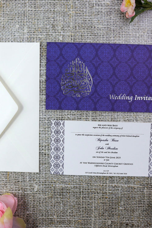 Load image into Gallery viewer, Silver Bismillah Blue Damask Islamic Wedding Invitation ABC 671M
