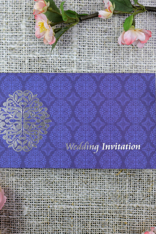 Load image into Gallery viewer, ABC 671 Arabesque design pattern Wedding Invitation in Blue and Silver
