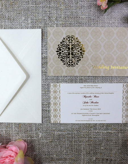 Islamic Wedding Card with a Damask Pattern and Foiled with the text Wedding Invitation