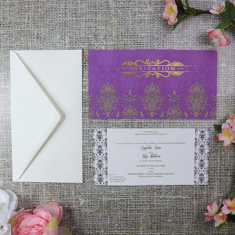 Purple Damask Pattern Asian Style wedding Invitation Card - ABC 686