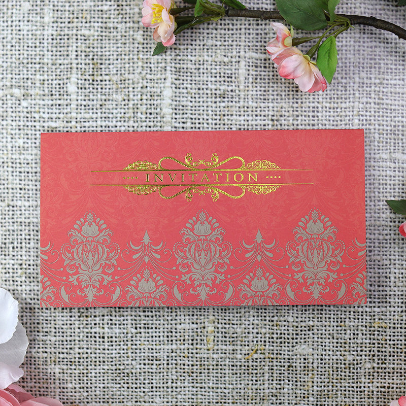 Red Seamless Damask Gold Foiled Invitation Card Design ABC 690