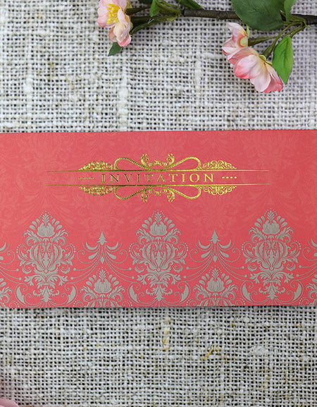 Red Seamless Damask Gold Foiled Invitation Card Design ABC 690