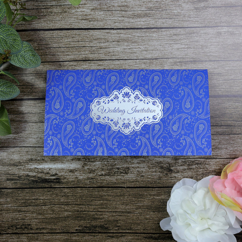 ABC 698 Paisley Pattern Blue and silver Foil Wedding Card Design