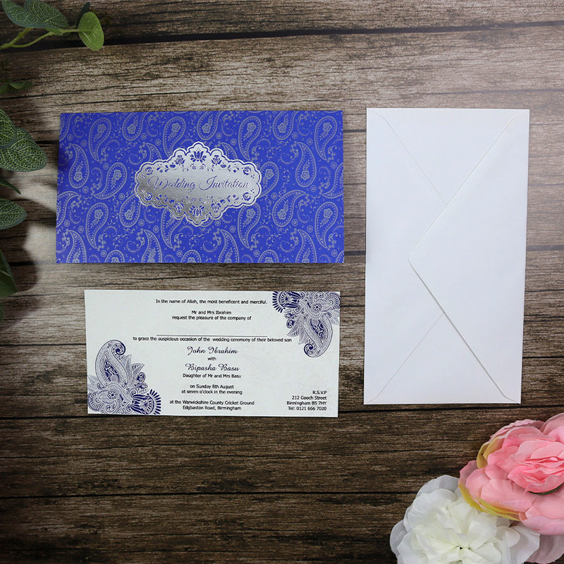 ABC 698 Paisley Pattern Blue and silver Foil Wedding Card Design