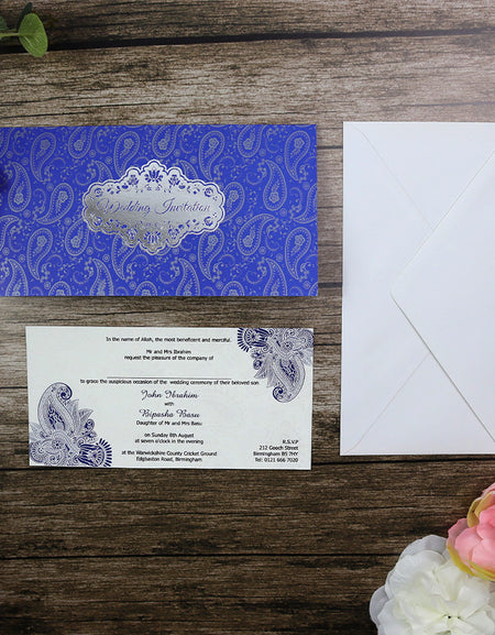 ABC 698 Paisley Pattern Blue and silver Foil Wedding Card Design