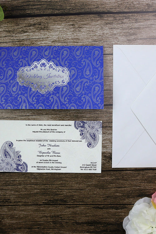 Load image into Gallery viewer, ABC 698 Paisley Pattern Blue and silver Foil Wedding Card Design
