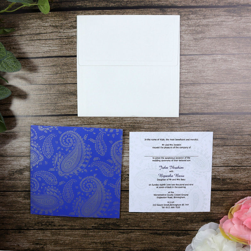 ABC 699 Blue and Silver grey square Paisley Invitation