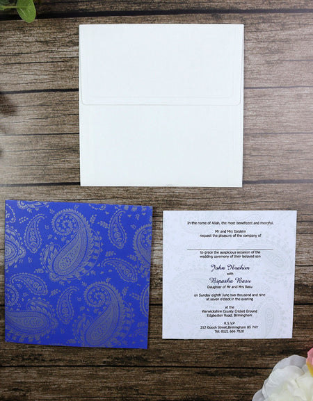 ABC 699 Blue and Silver grey square Paisley Invitation