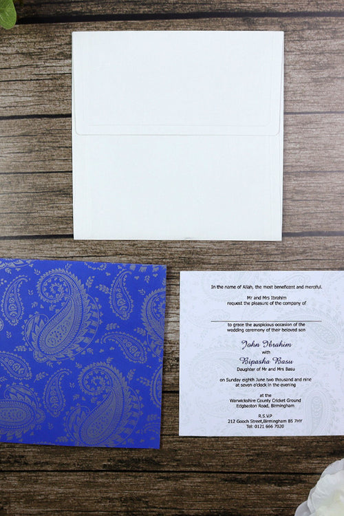 Load image into Gallery viewer, ABC 699 Blue and Silver grey square Paisley Invitation
